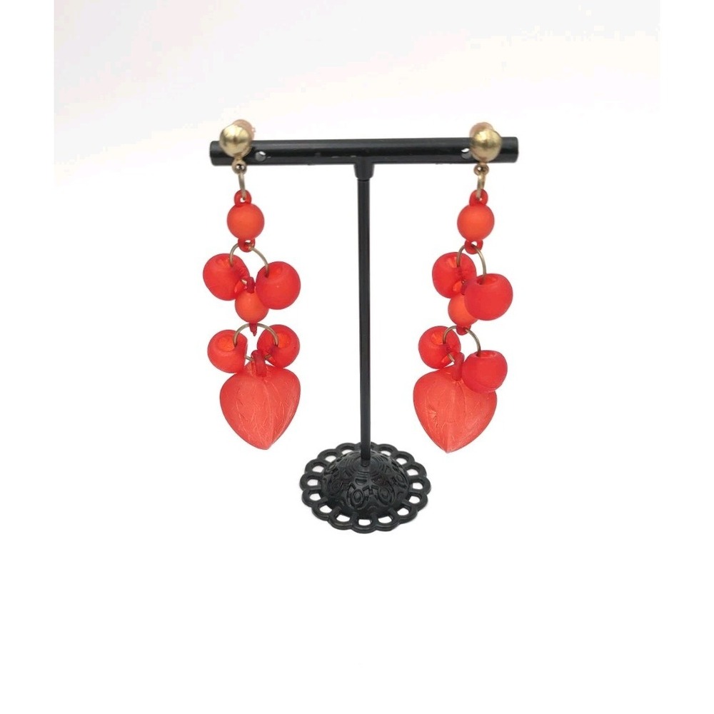 Vintage 80s Red Dangle Earrings Beads‎ Acrylic Fun Statement